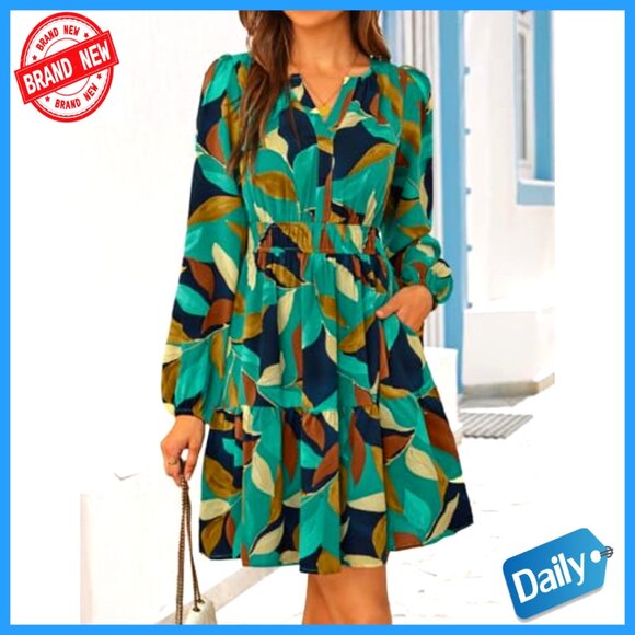 Long Sleeve Floral Mini Dress Boho V Neck A-Line Flowy Beach Vacation - Picture 2 of 7